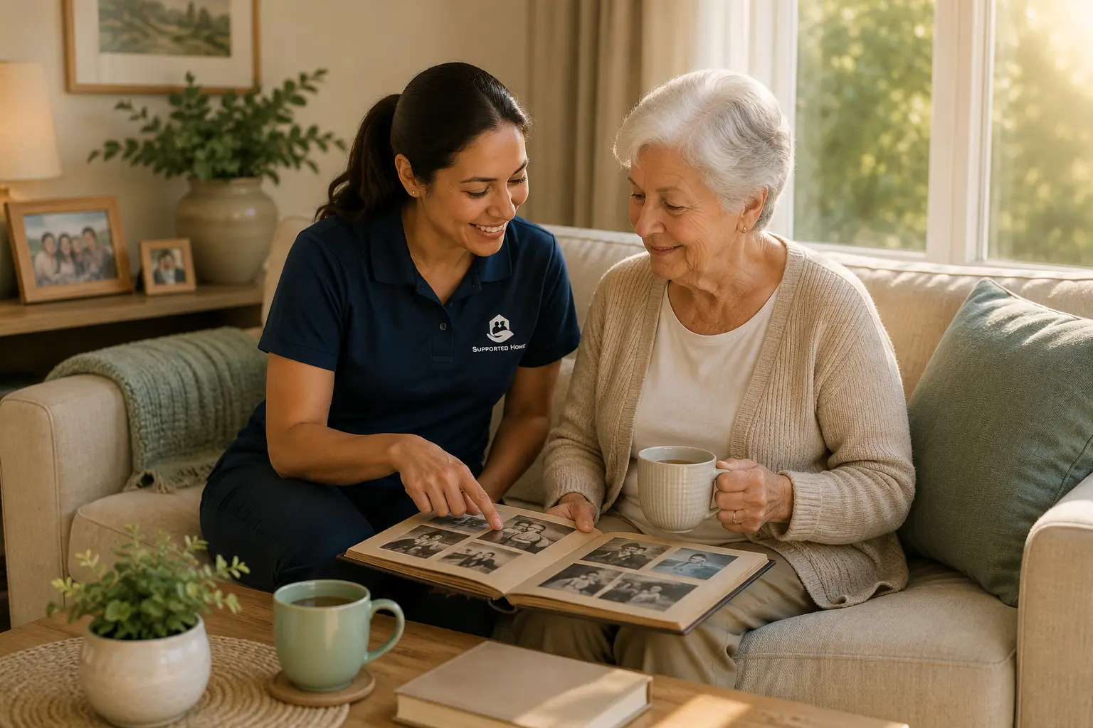 A Supported Home care worker supporting an older person living with dementia at home